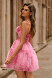 Pink Floral Corset A Line Short Homecoming Dress with Ruffles