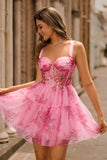 Pink Floral A Line Corset Short Homecoming Dress with Ruffles