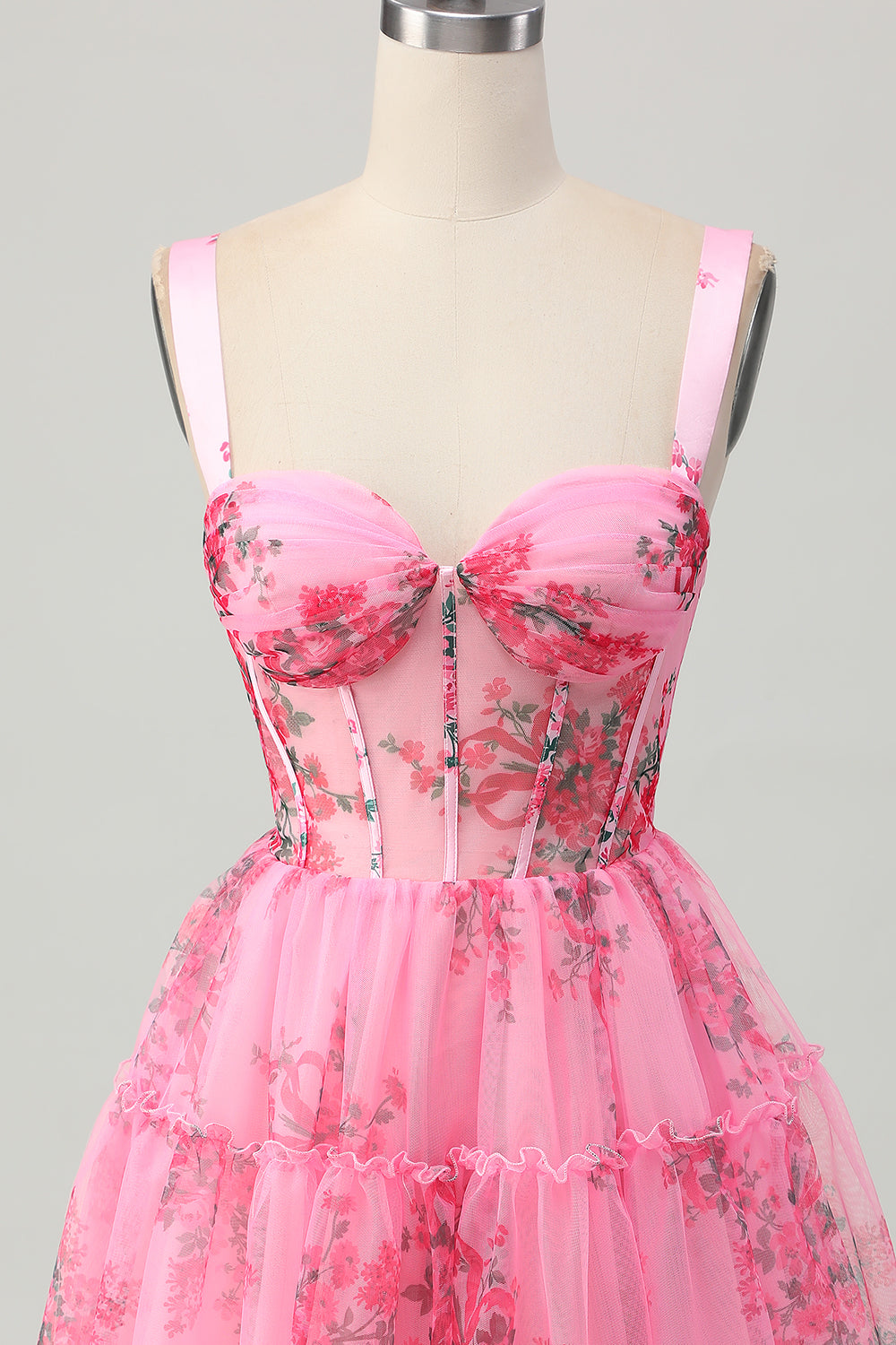 Zapakasa Women Pink Floral Corset Short Homecoming Dress with Ruffles A