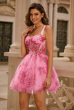 Pink Floral A Line Corset Short Homecoming Dress with Ruffles