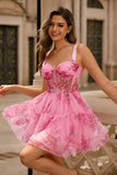 Pink Floral A Line Corset Short Homecoming Dress with Ruffles