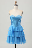 Blue Corset Sweetheart Short Ruched Homecoming Dress with Ruffles