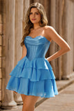 Yellow Corset Sweetheart A Line Short Tiered Homecoming Dress with Ruffles