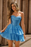 Blue Corset Sweetheart Short Ruched Homecoming Dress with Ruffles