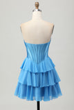 Blue Corset Sweetheart Short Ruched Homecoming Dress with Ruffles