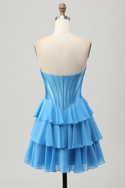 Blue Corset Ruched Sweetheart Short Homecoming Dress with Appliques