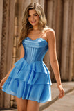 Blue Corset Sweetheart Short Ruched Homecoming Dress with Ruffles