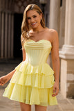 Yellow Ruched Sweetheart Corset Short Homecoming Dress with Appliques