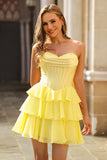 Yellow Corset Short Ruched Homecoming Dress with Ruffles A Line Sweetheart Tiered Cocktail Dress with Appliques