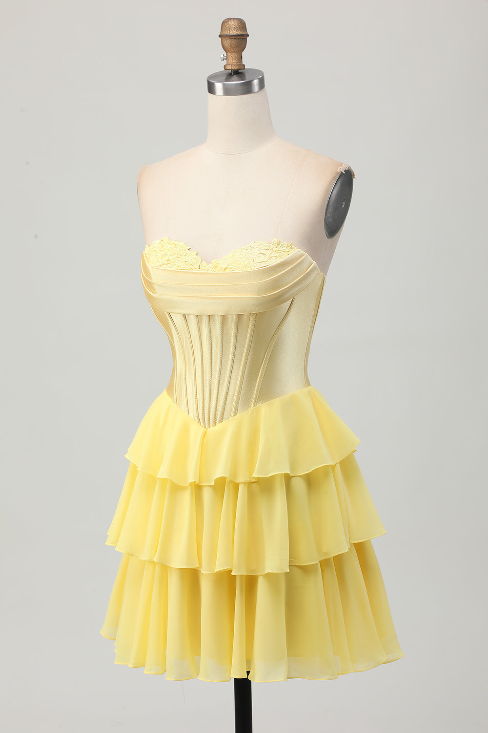 Yellow Ruched Sweetheart Corset Short Homecoming Dress with Appliques