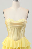 Yellow Ruched Sweetheart Corset Short Homecoming Dress with Appliques