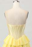 Yellow Ruched Sweetheart Corset Short Homecoming Dress with Appliques