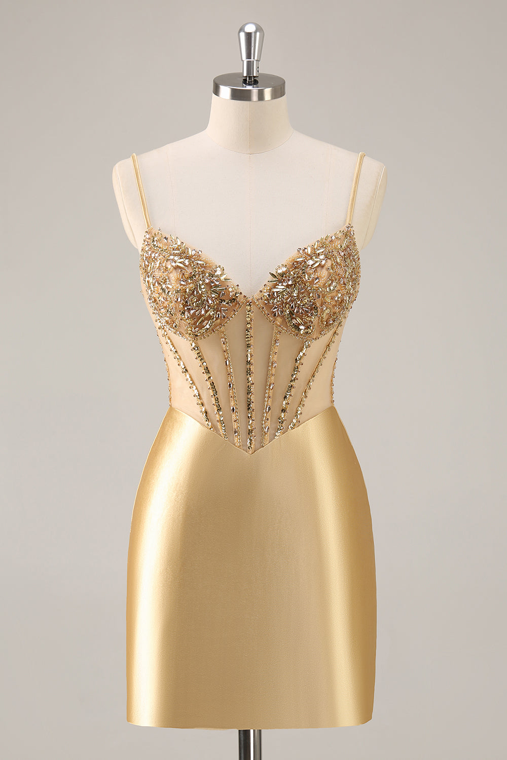 Sparkly Golden Satin Corset Short Tight Homecoming Dress with Rhinestones