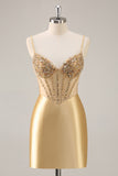 Sparkly Golden Satin Corset Short Tight Homecoming Dress with Rhinestones