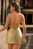 Sparkly Golden Corset Satin Tight Short Homecoming Dress with Rhinestones