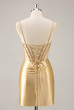Sparkly Golden Satin Corset Short Tight Homecoming Dress with Rhinestones