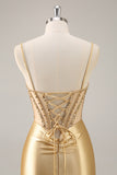 Sparkly Golden Corset Satin Tight Short Homecoming Dress with Rhinestones