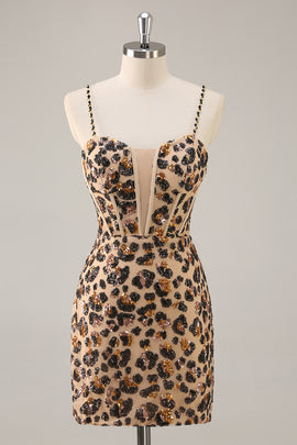 Sparkly Khaki Leopard Sequin Corset Tight Short Homecoming Dress