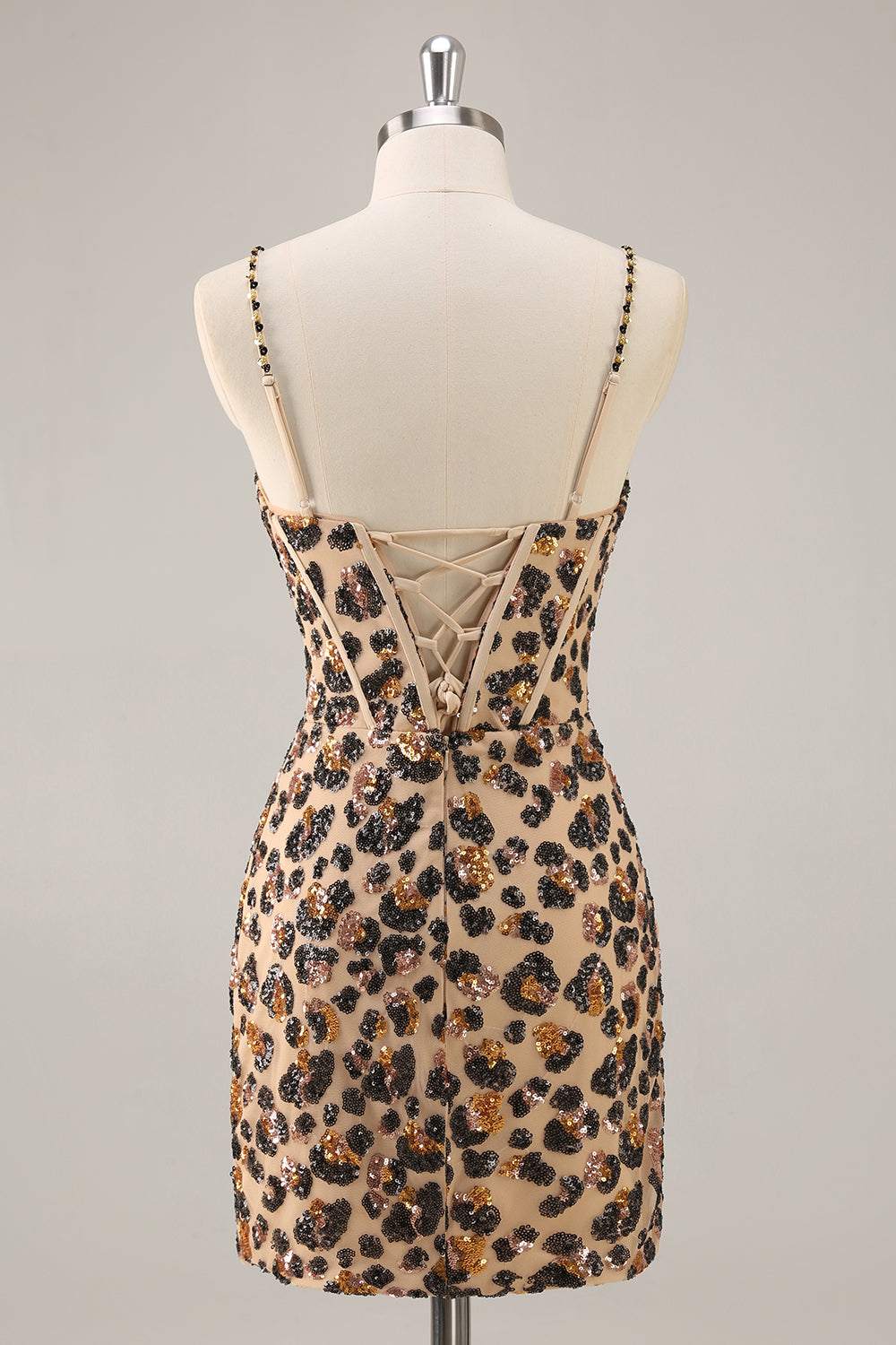 Sparkly Khaki Leopard Sequin Corset Tight Short Homecoming Dress