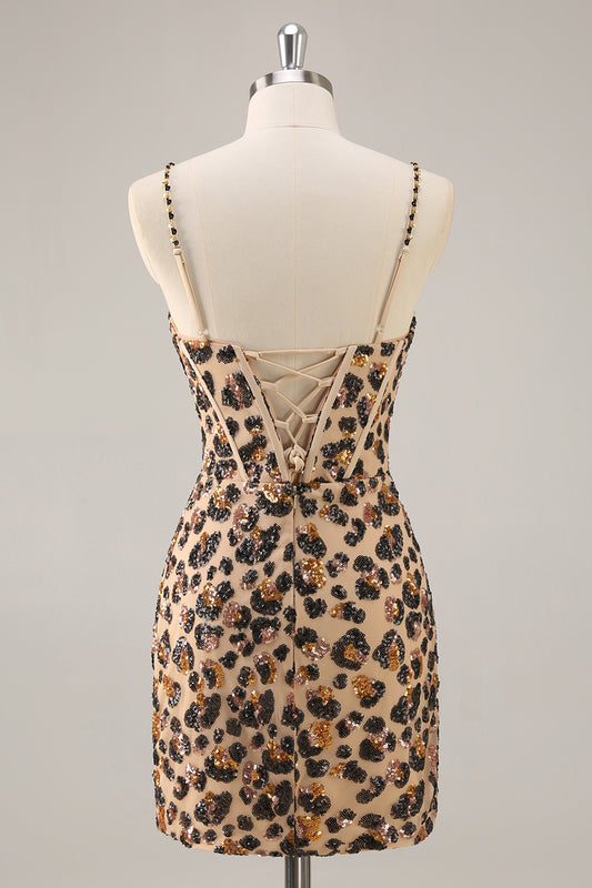 Sparkly Khaki Leopard Sequin Corset Tight Short Homecoming Dress