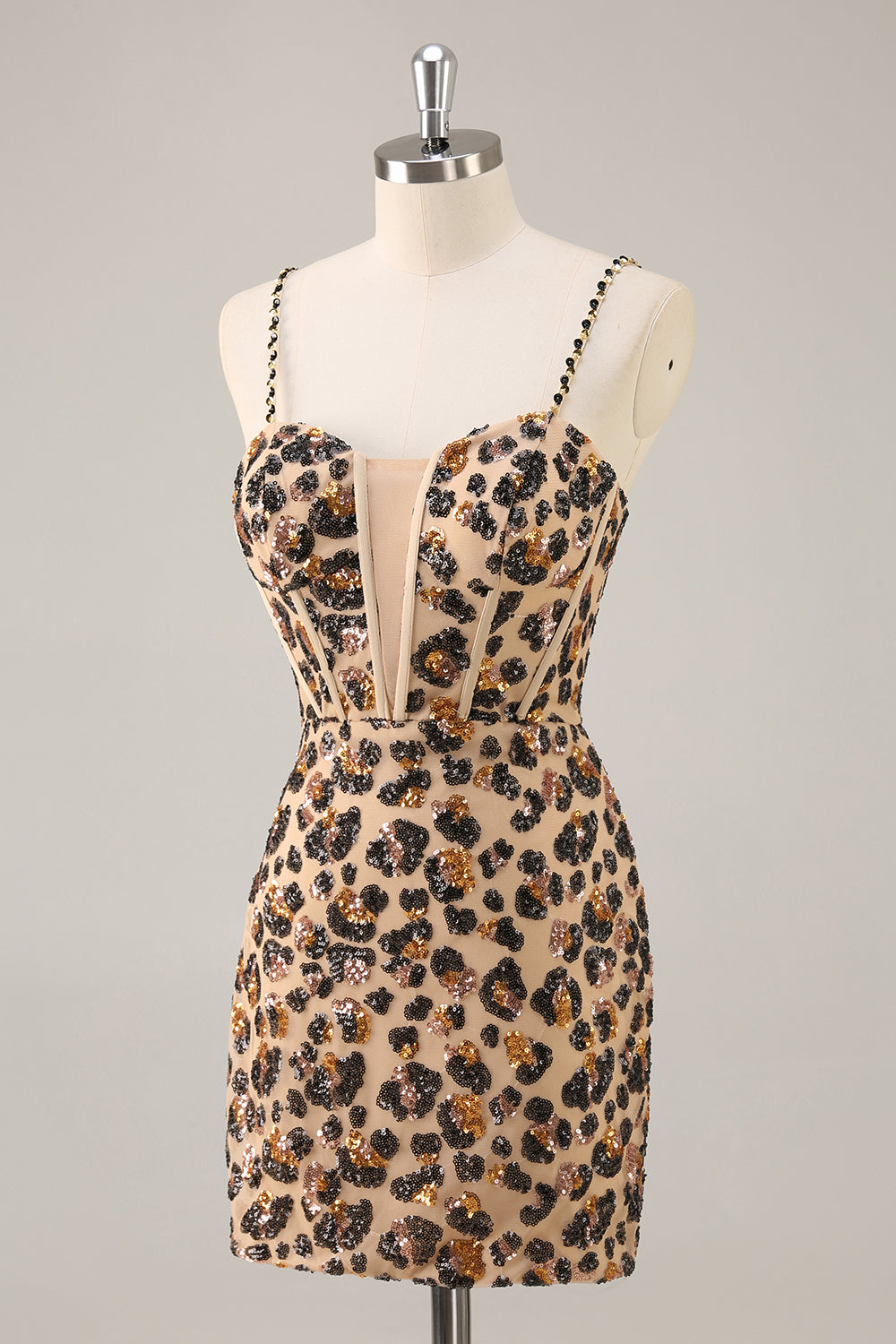 Sparkly Khaki Leopard Sequin Corset Tight Short Homecoming Dress