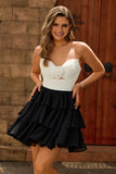 Black and White Floral Tiered Short Homecoming Dress with Ruffles