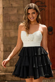Black and White Floral Tiered Short Homecoming Dress with Ruffles