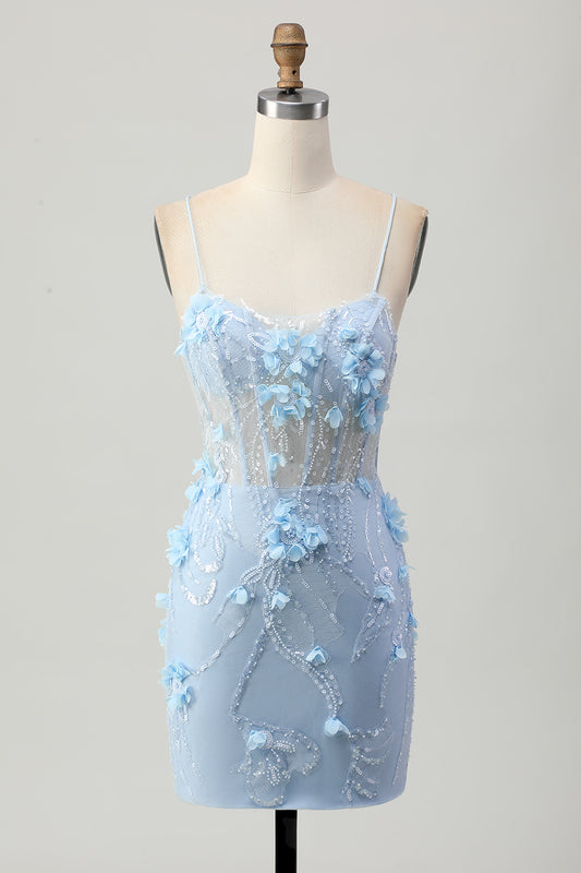 Sparkly Blue Tight Floral Corset Short Homecoming Dress with Sequins