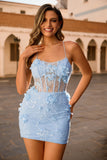 Sparkly Blue Tight Floral Corset Short Homecoming Dress with Sequins