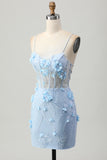 Sparkly Blue Tight Floral Corset Short Homecoming Dress with Sequins