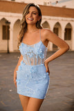 Sparkly Blue Floral Corset Short Tight Homecoming Dress with Sequins