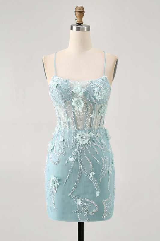 Sparkly Green Tight Floral Short Corset Homecoming Dress with Sequins