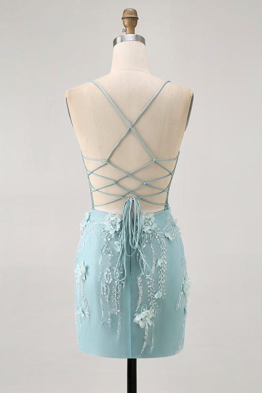 Sparkly Green Tight Floral Short Corset Homecoming Dress with Sequins
