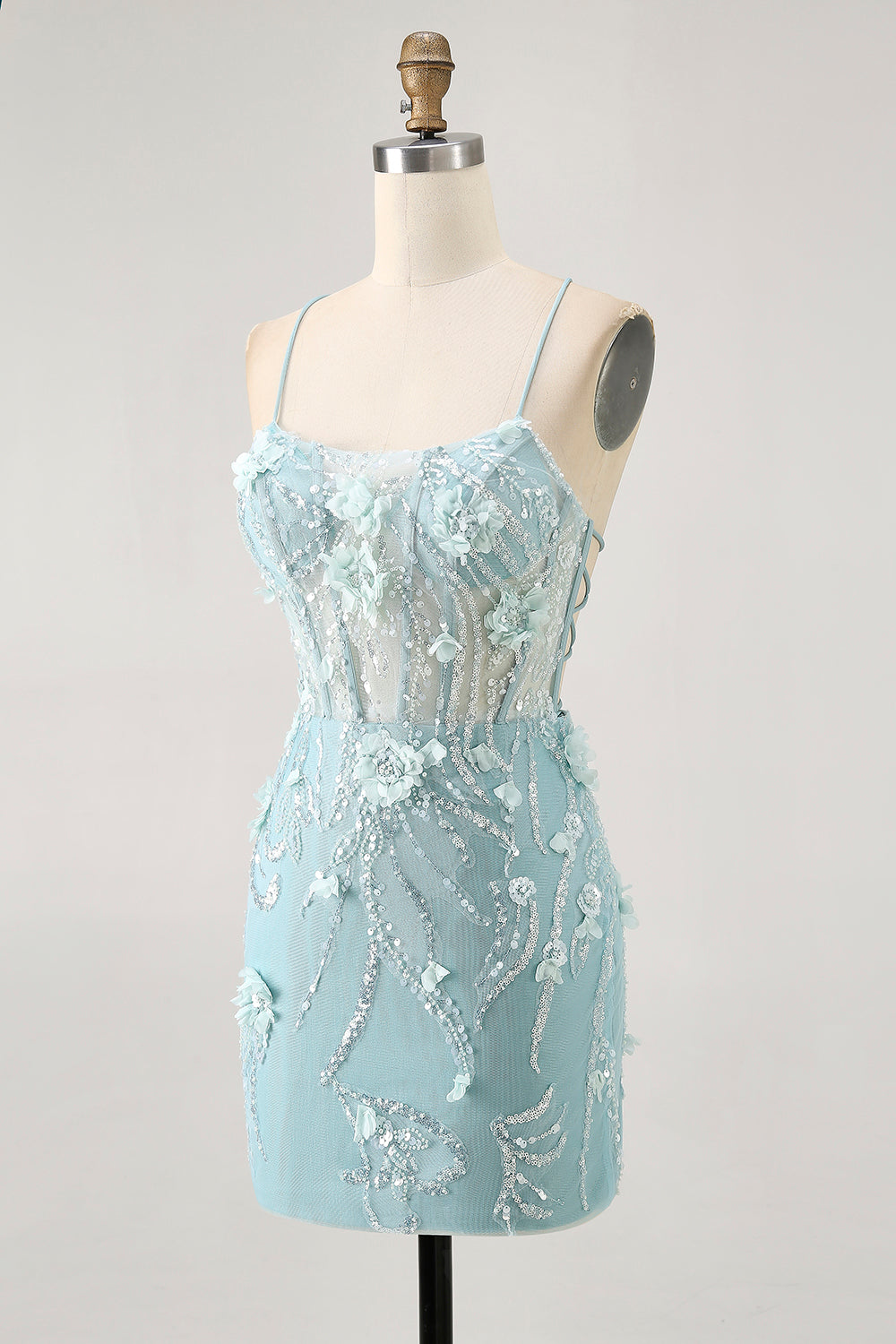 Sparkly Blue Tight Floral Corset Short Homecoming Dress with Sequins