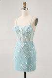 Sparkly Blue Tight Floral Corset Short Homecoming Dress with Sequins