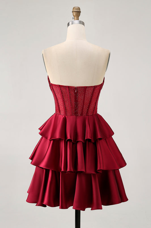 Sparkly Burgundy Strapless Corset Short Homecoming Dress with Beading