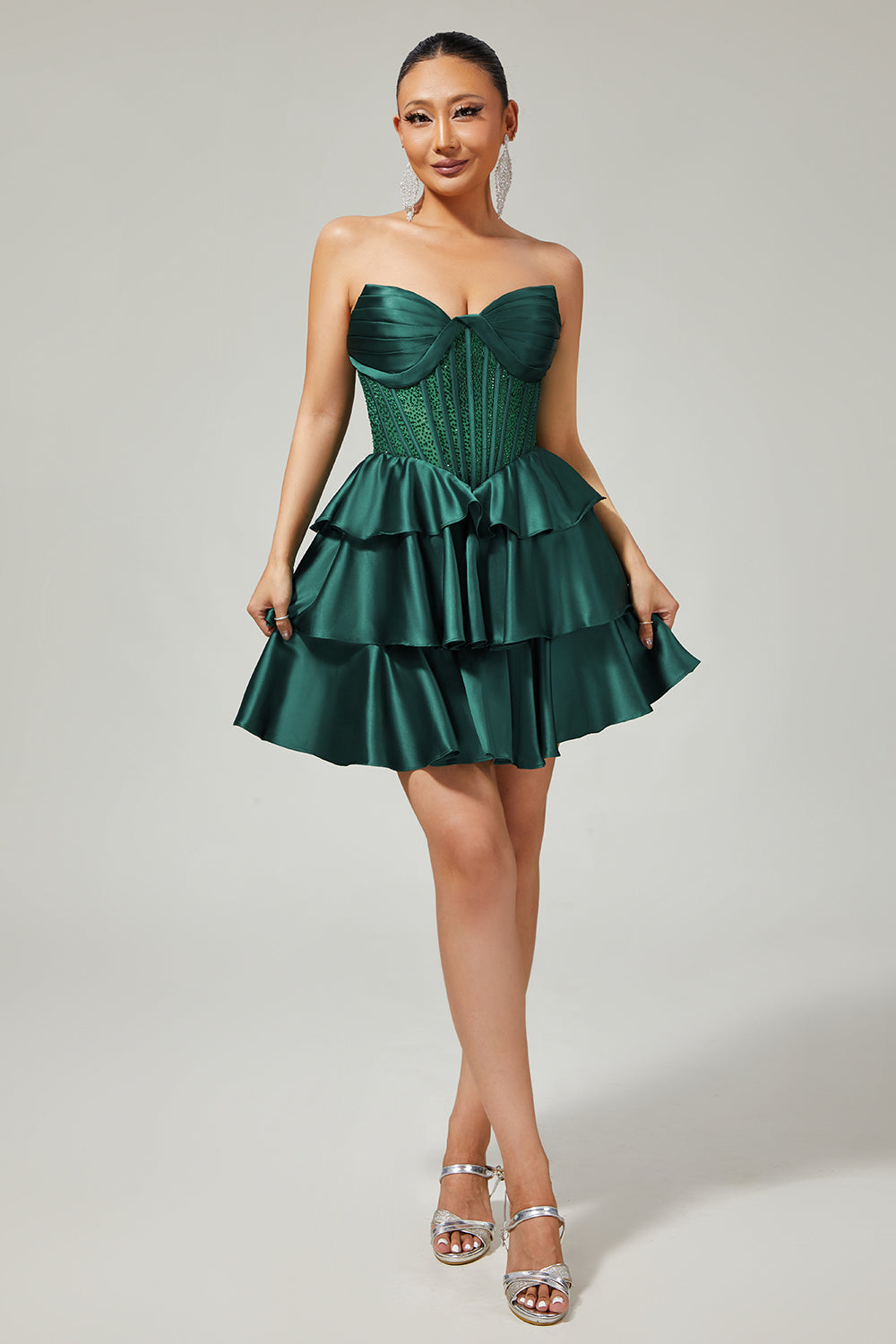 Sparkly Dark Green Strapless Short Corset Homecoming Dress with Beading