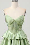Sparkly Dark Green Strapless Short Corset Homecoming Dress with Beading