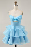 Blush Strapless Floral Ruched Short Homecoming Dress with Ruffles