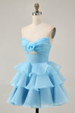 Blush Strapless Floral Ruched Short Homecoming Dress with Ruffles