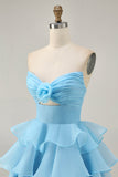 Blush Strapless Floral Ruched Short Homecoming Dress with Ruffles