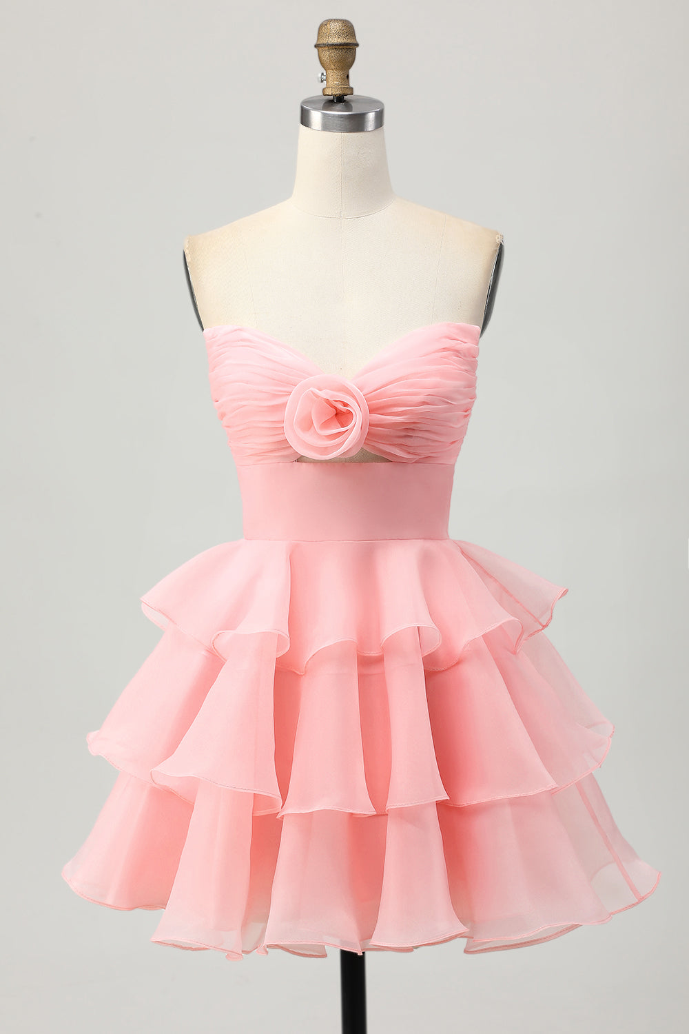 Blush Strapless Floral Ruched Short Homecoming Dress with Ruffles