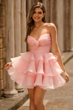 Blush Strapless Floral Ruched Short Homecoming Dress with Ruffles