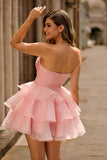 Blush Strapless Floral Ruched Short Homecoming Dress with Ruffles