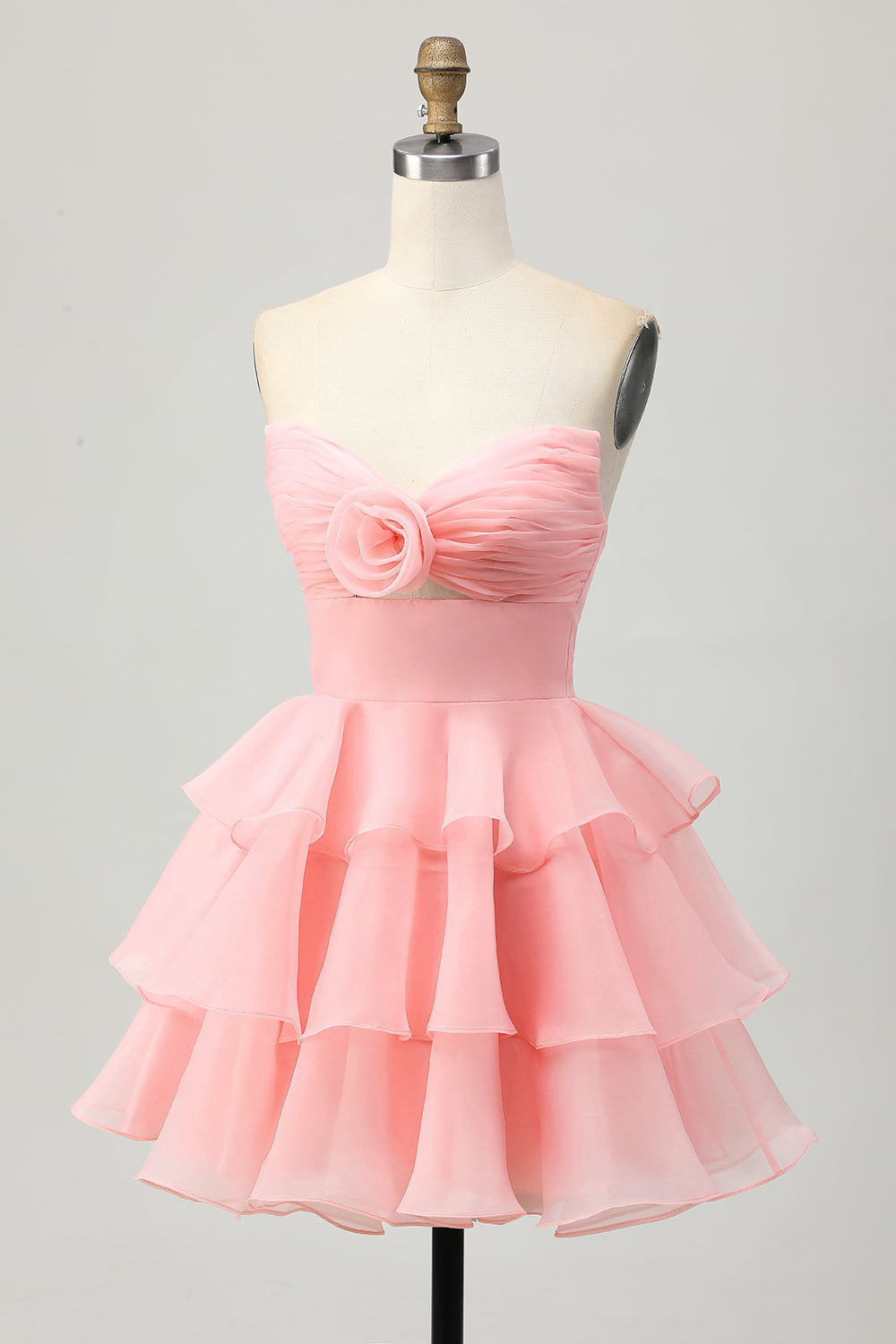 Blush Strapless Floral Ruched Short Homecoming Dress with Ruffles