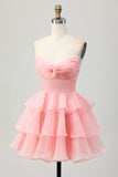 Blush Strapless Floral Ruched Short Homecoming Dress with Ruffles