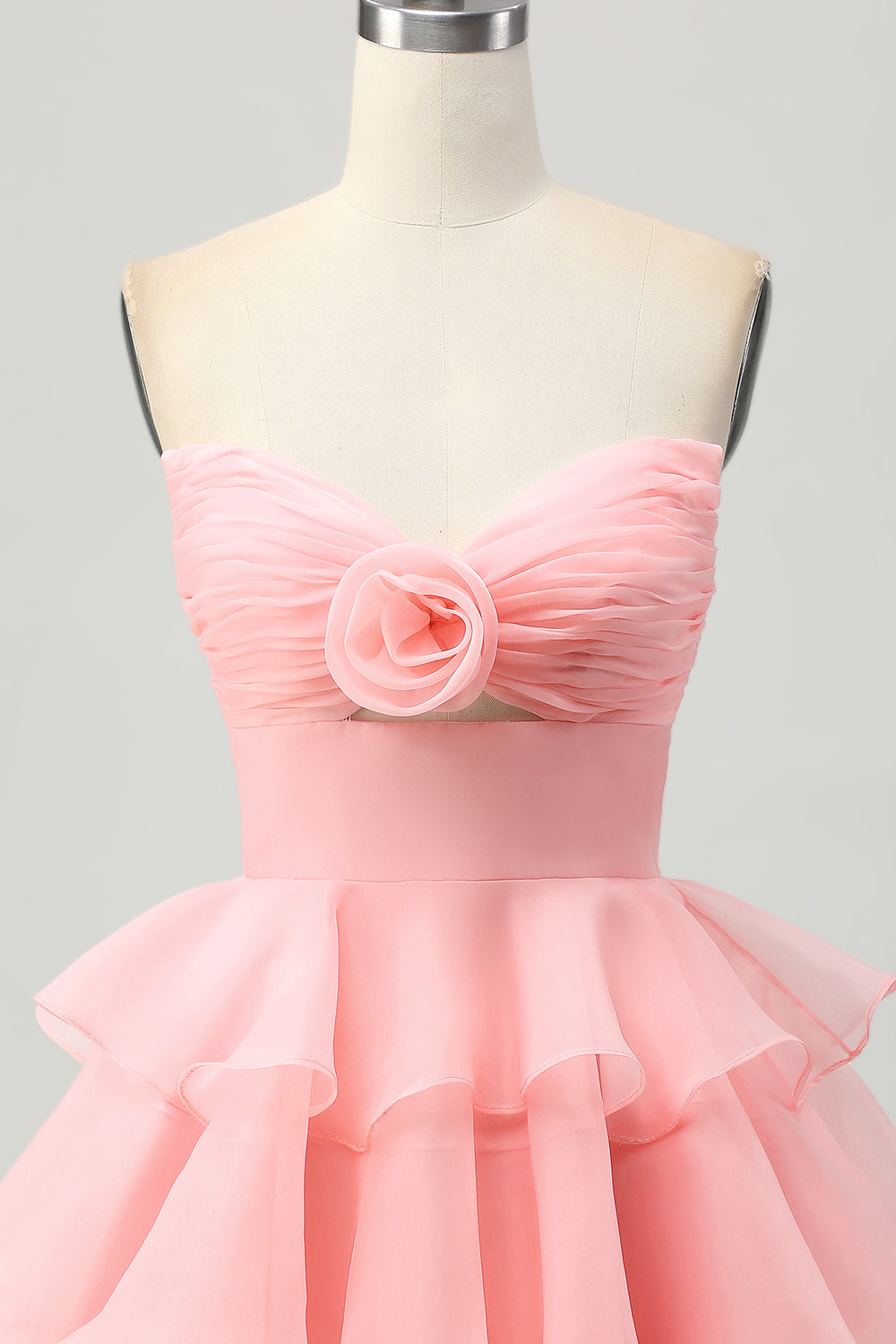 Blush Strapless Floral Ruched Short Homecoming Dress with Ruffles