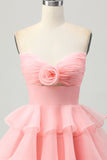 Blush Strapless Floral Ruched Short Homecoming Dress with Ruffles