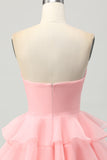 Blush Strapless Floral Ruched Short Homecoming Dress with Ruffles