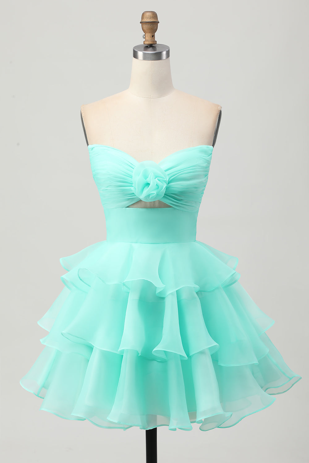 Blush Strapless Floral Ruched Short Homecoming Dress with Ruffles
